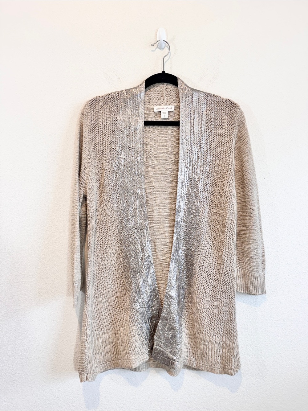 Coldwater Creek Metallic Silver Linen Cardigan L 14 Open Knit Coastal Chic K64